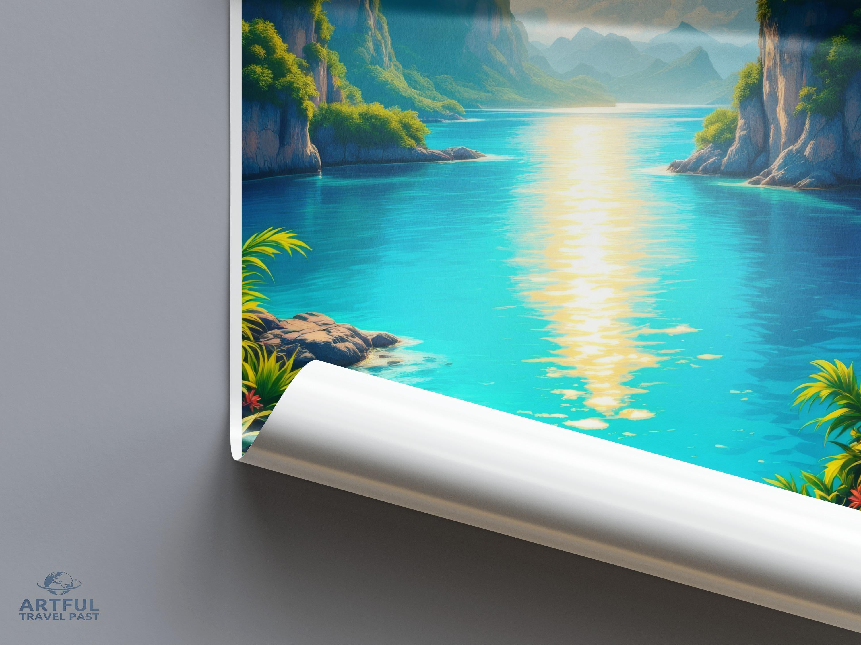 Wall art print, Scenic paradise lake poster, Serene waterscape decor, Nature lover gift, Peaceful landscape painting, Tranquil view