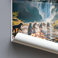 Waterfall Landscape with Monkeys Art Print, Vibrant Nature Scenery Poster, Jungle Wildlife Wall Decor, Dreamlike Forest Scene