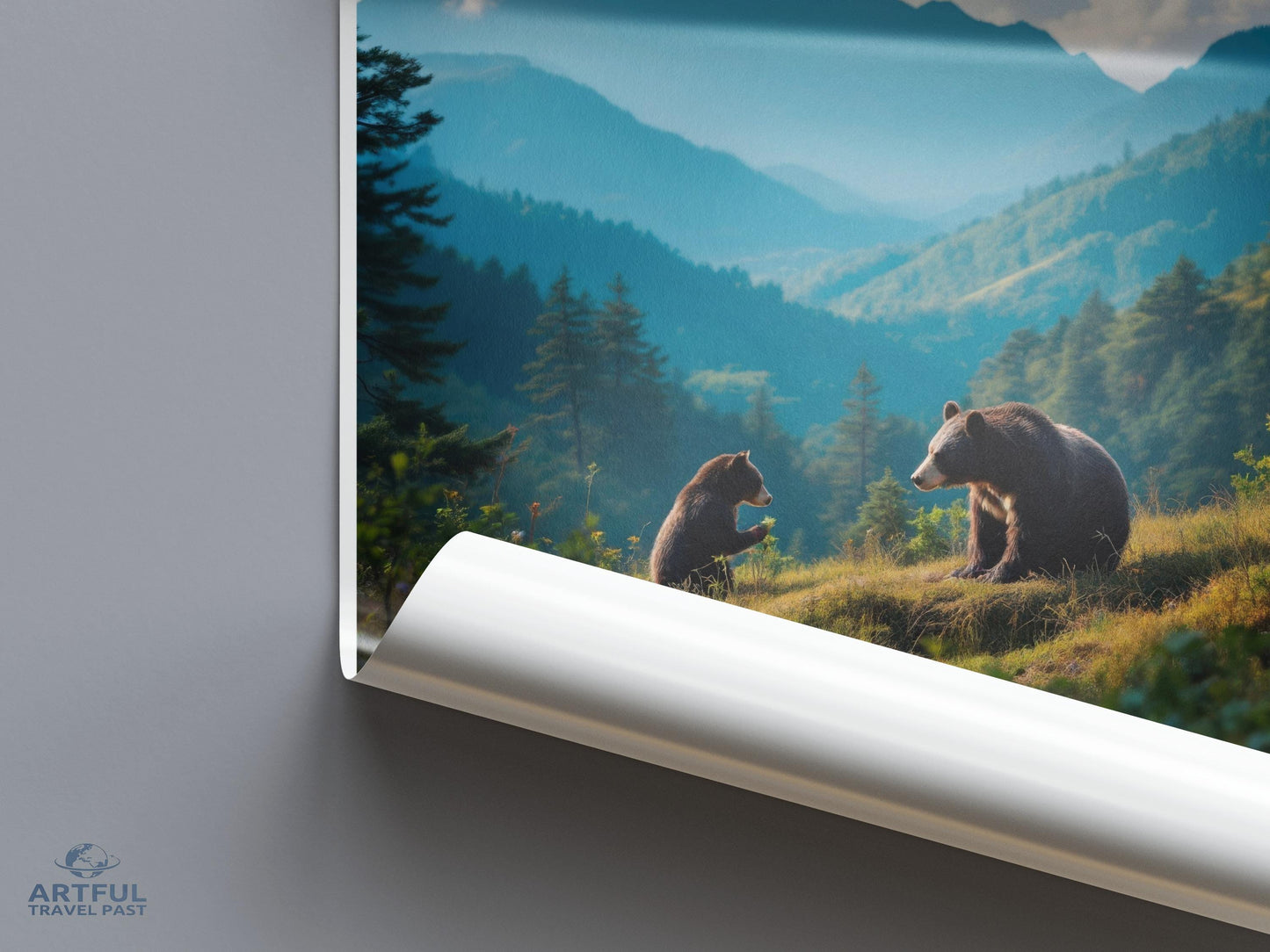 Bear Family Wilderness Art Print, Nature Wall Decor, Mountain Landscape Poster, Scenic Wildlife Illustration, Gift for Nature Lovers