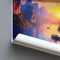 Mountain Sunset Lake Poster, Sunset Mountain Lake Art, Scenic Landscape Wall Decor, Mountain and Lake Travel Poster Print