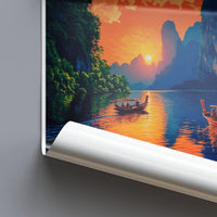 Sunset Boat Scene Poster, Nature Landscape Wall Art, Colorful River View Print, Serene Sunset Decor, Boats on Water Canvas
