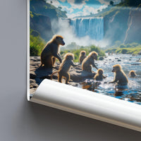 Scenic waterfall and monkeys print, Nature wall art, Wildlife photography poster, Adventure home decor, Travel-themed artwork