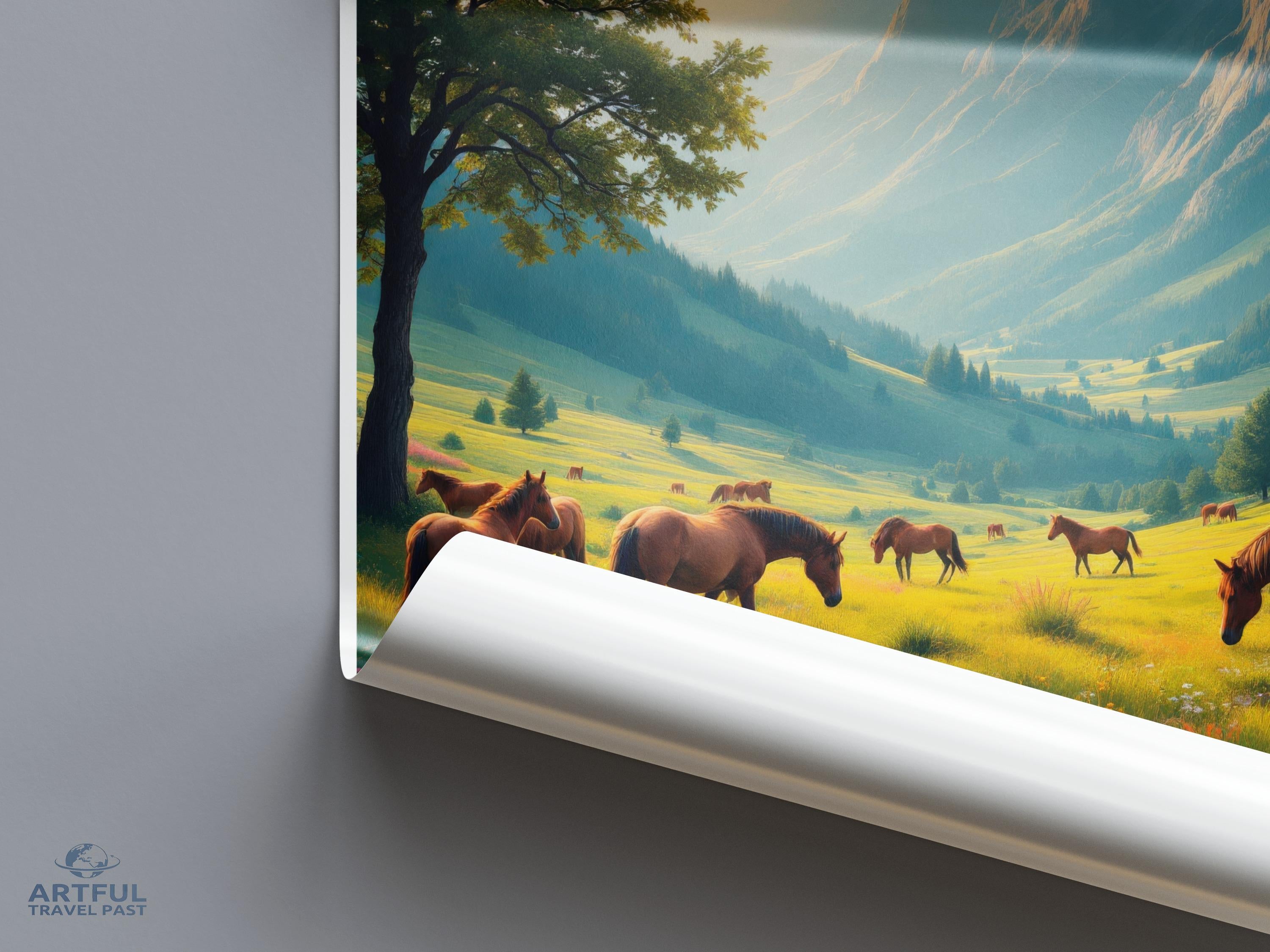 Scenic Landscape Poster, Horse Meadow Art Print, Nature Wall Decor, Rolling Hills Artwork, Serene Countryside Image