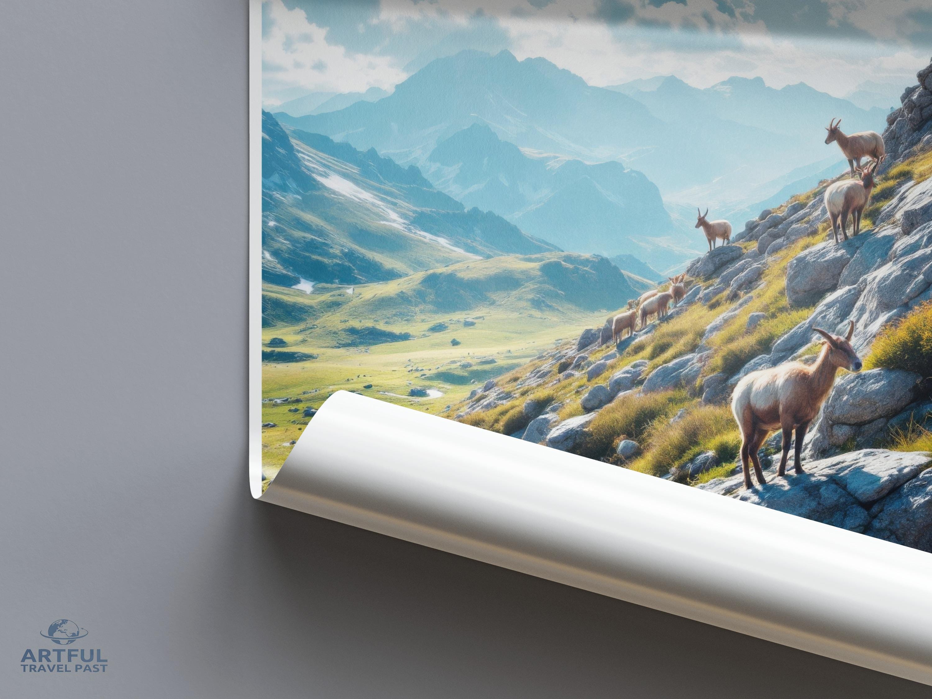 Mountain Goat Landscape Poster, Nature Wall Art Print, Scenic Mountain View Home Decor, Alpine Wildlife Artwork, Travel Photography