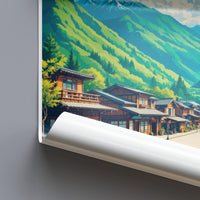 Vintage Japanese Village Wall Art, Scenic Mountain Landscape Poster, Traditional Japan Street Decor, Retro Travel Print