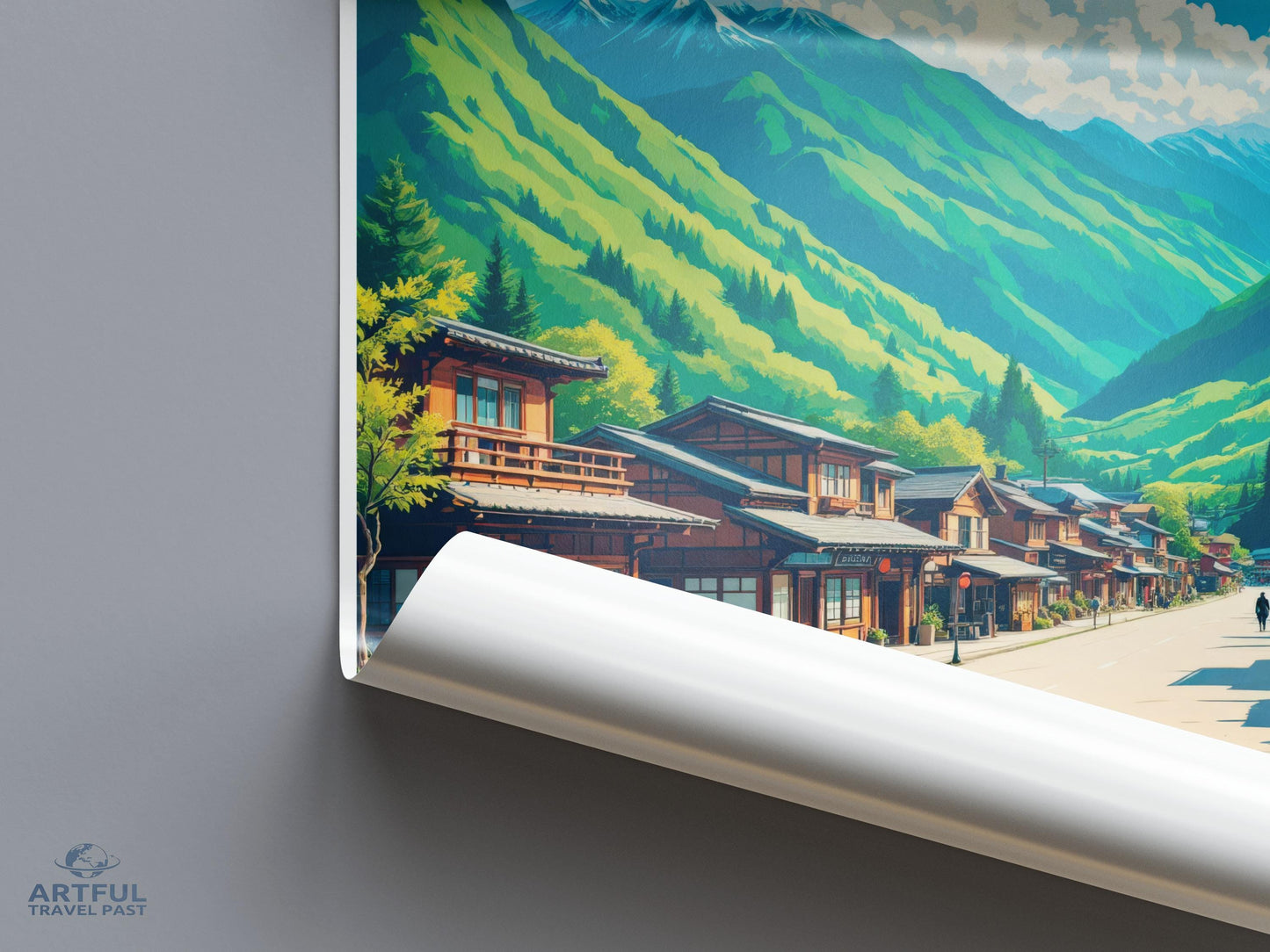 Vintage Japanese Village Wall Art, Scenic Mountain Landscape Poster, Traditional Japan Street Decor, Retro Travel Print