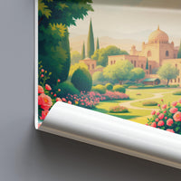 Colorful landscape wall art with domed building and lush garden, scenic poster for home decor, vibrant travel-inspired artwork