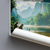 Scenic Nature Landscape Poster with Monkeys by River, Tropical Jungle Wall Art, Mountain and Forest Print, Travel Photography Decor