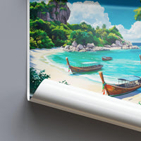 Tropical Beach Poster, Scenic Ocean Print, Coastal Wall Art, Island Landscape Decor, Boat Canvas Artwork, Seaside Painting