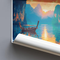 Scenic Sunset Boat Print, Nature Wall Art, Travel Poster, Tranquil Landscape Painting, Water Reflection Art, Serene Room Decor