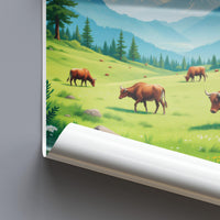 Scenic Mountain Landscape Poster, Rustic Farm Wall Art, Cattle Grazing Print, Nature Lover Gift, Home Decor, Living Room Art