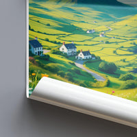 Scenic countryside poster, landscape wall art, vibrant green hills print, coastal panoramic view, nature travel decor