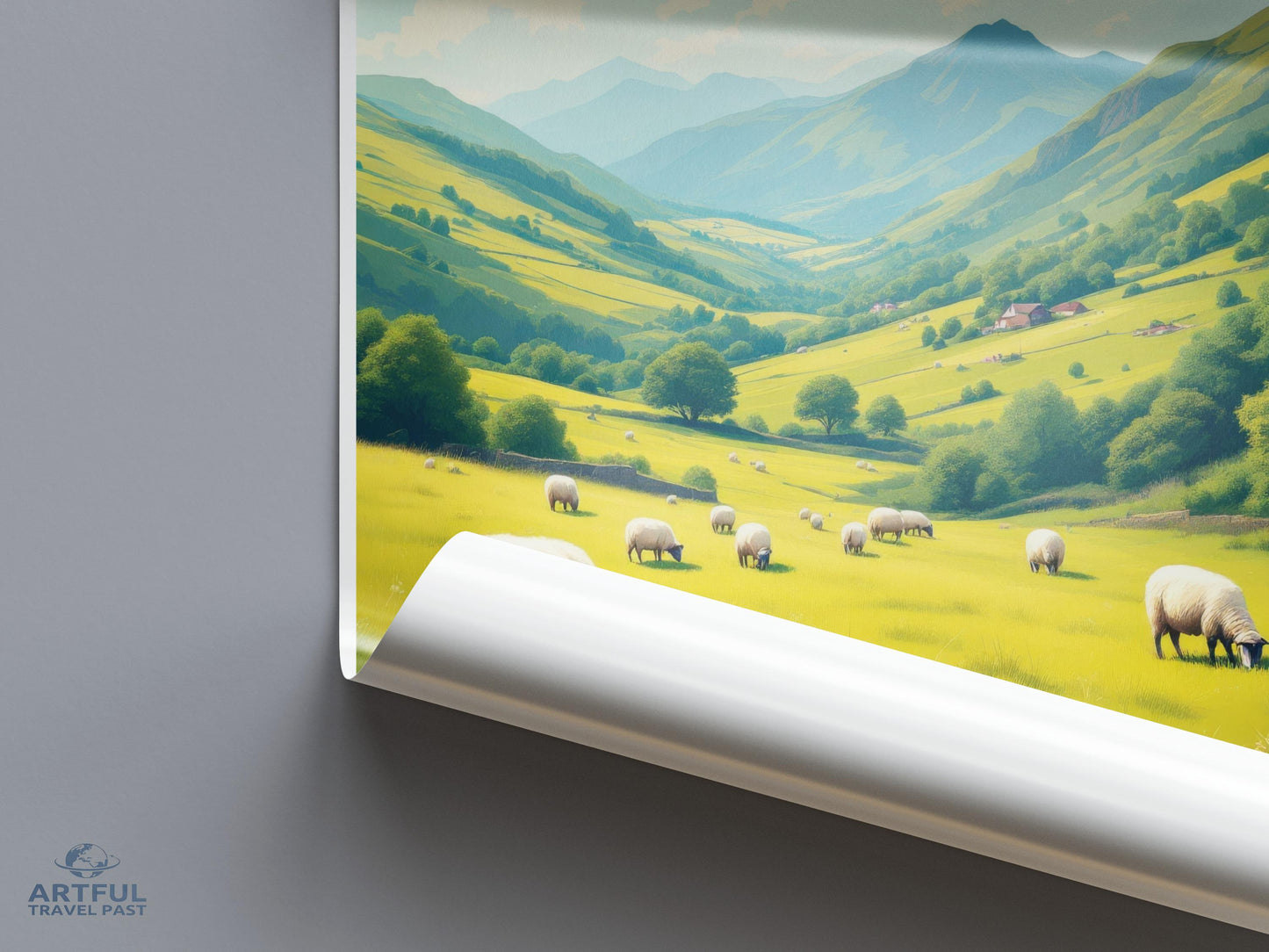 Mountain Valley Landscape Poster, Countryside Wall Art Prints, Scenic Nature Decor, Pastoral Sheep Artwork, Home Decor