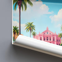 Tropical Landscape Poster, Vibrant Beach Scene Wall Art, Palm Trees and Architecture Print, Colorful Nature Decor, Travel Art Poster