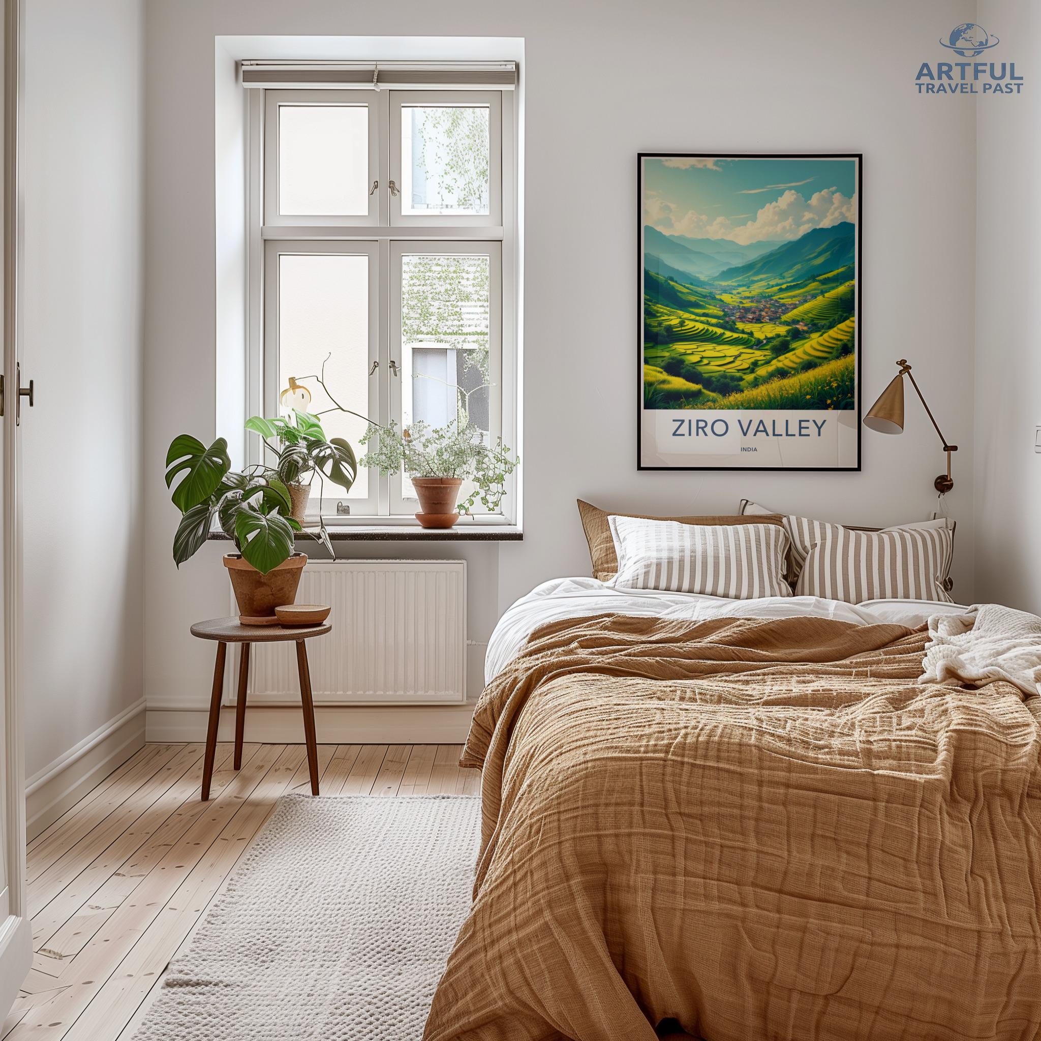 Vintage Ziro Valley Poster, Cozy Bedroom Wall Art, Nature Landscape Print, Minimalist Home Decor, Modern Travel Illustration