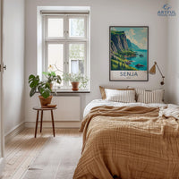 Senja travel poster, Scandinavian wall art, Retro landscape prints, Nordic home decor, Artful Travel Past, Coastal artwork