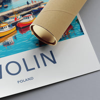 Wolin Poland Travel Poster, Coastal Town Illustration, Colorful Harbour Art, Scenic Maritime Decor, Vibrant Boat Scene Print