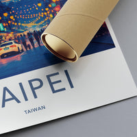 Taipei cityscape travel poster, vintage Taiwan wall art, retro city night scene print, Asian urban decor, artful travel past