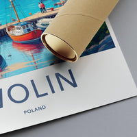 Wolin Poland Travel Poster, Vibrant Coastal Art Print, Scenic Harbor Illustration, Vintage Style Wall Art, Maritime Decor
