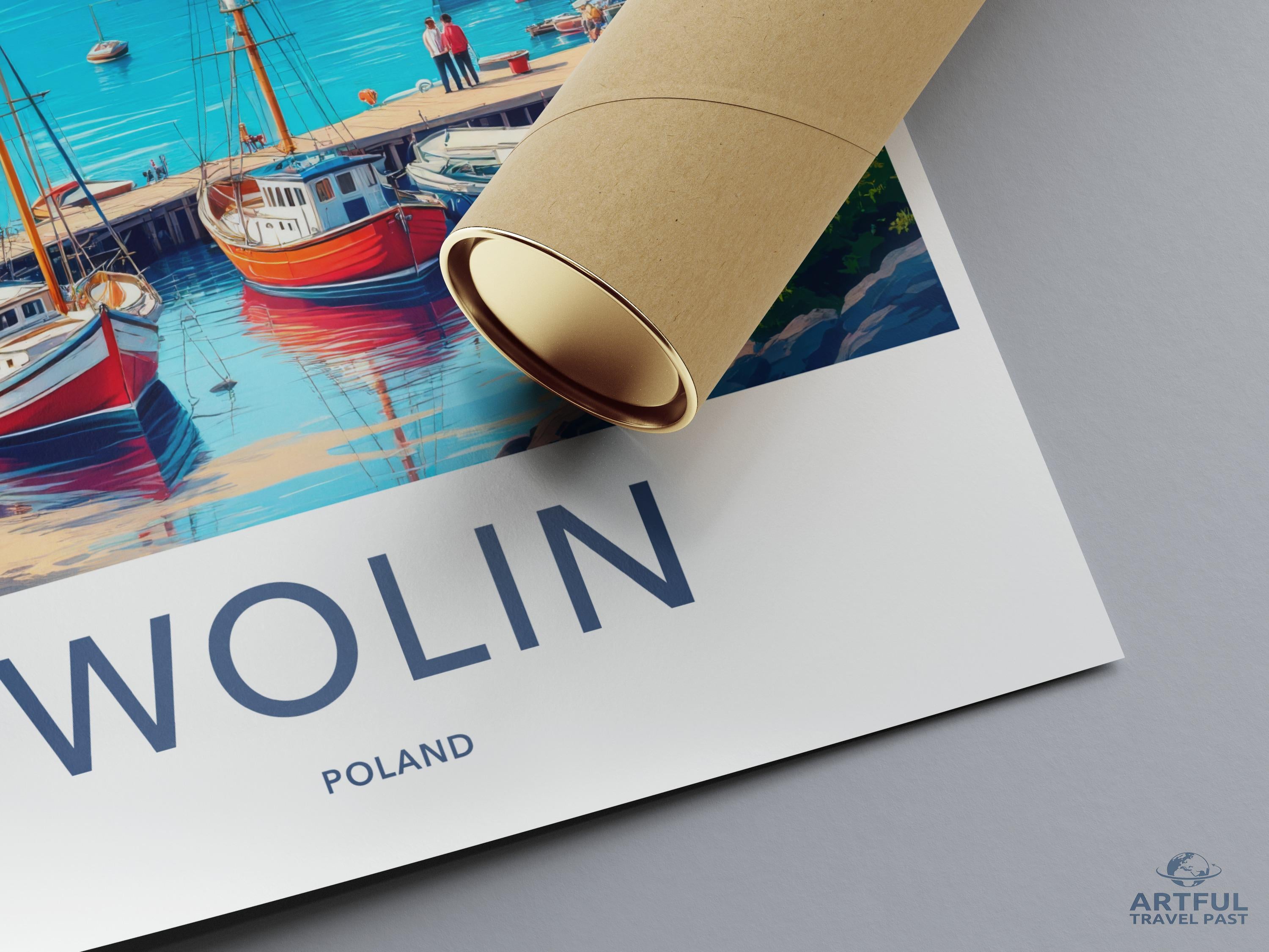 Wolin Poland Travel Poster, Vibrant Coastal Art Print, Scenic Harbor Illustration, Vintage Style Wall Art, Maritime Decor