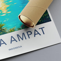 Raja Ampat travel poster, Indonesia wall art, tropical beach print, island paradise decor, coastal landscape illustration, nature lovers