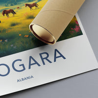 Horses meadow travel poster, vintage Albania decor, nature art print, countryside wall decor, gift for travelers, scenic landscape