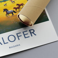 Kalofer Bulgaria travel poster, vintage wall art, scenic landscape print, horse field decor, European countryside illustration