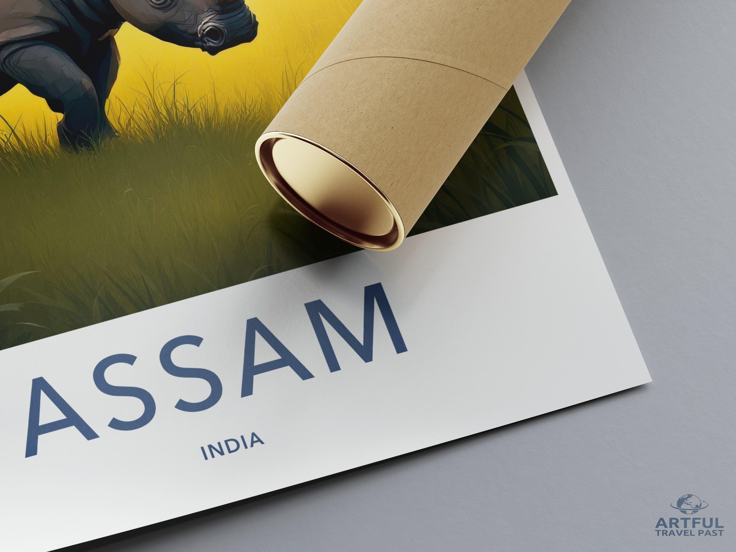 Assam India Travel Poster, Wildlife Print, Artful Travel Past Poster, Decorative Wall Art, Nature Inspired, Elephant Illustration