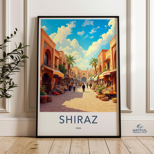 Shiraz Iran Travel Poster, Middle Eastern Travel Print, Vintage Style Wall Art, Persian Market Artwork, Vibrant Cityscape Print