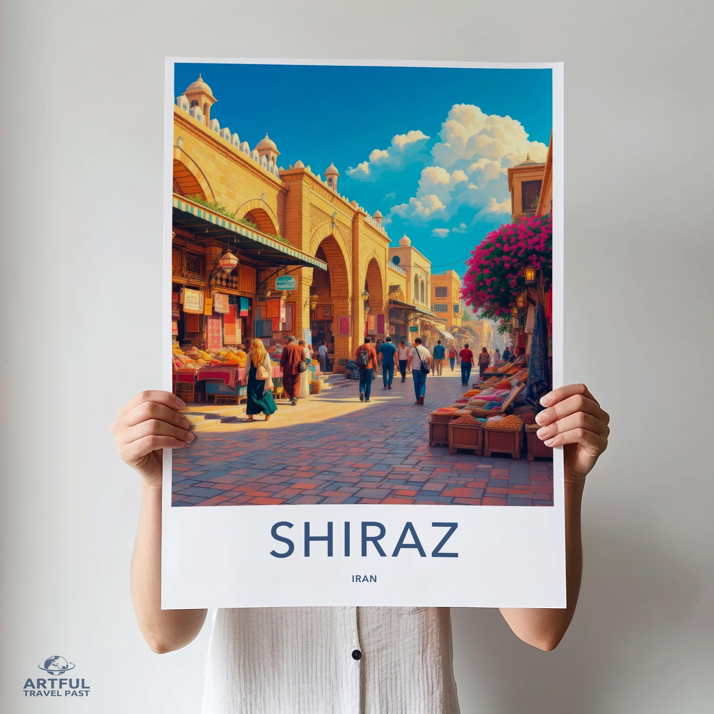 Shiraz Iran travel poster, vibrant historical cityscape art print, Middle Eastern architecture, colorful market street scene