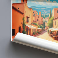 Mediterranean village street art print, European cityscape wall decor, colorful travel poster, scenic town illustration