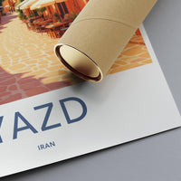 Travel poster of Yazd Iran, Vintage cityscape art print, Wall decor for living room, Unique gift idea, Architectural illustration