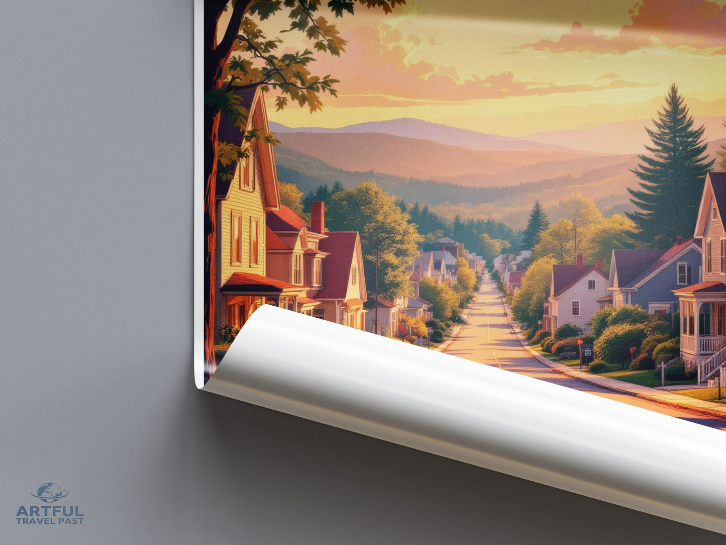 Vintage Town Landscape Poster, Scenic Small Town Wall Art, Cozy Village Print, Serene Countryside Decor, Peaceful Street View