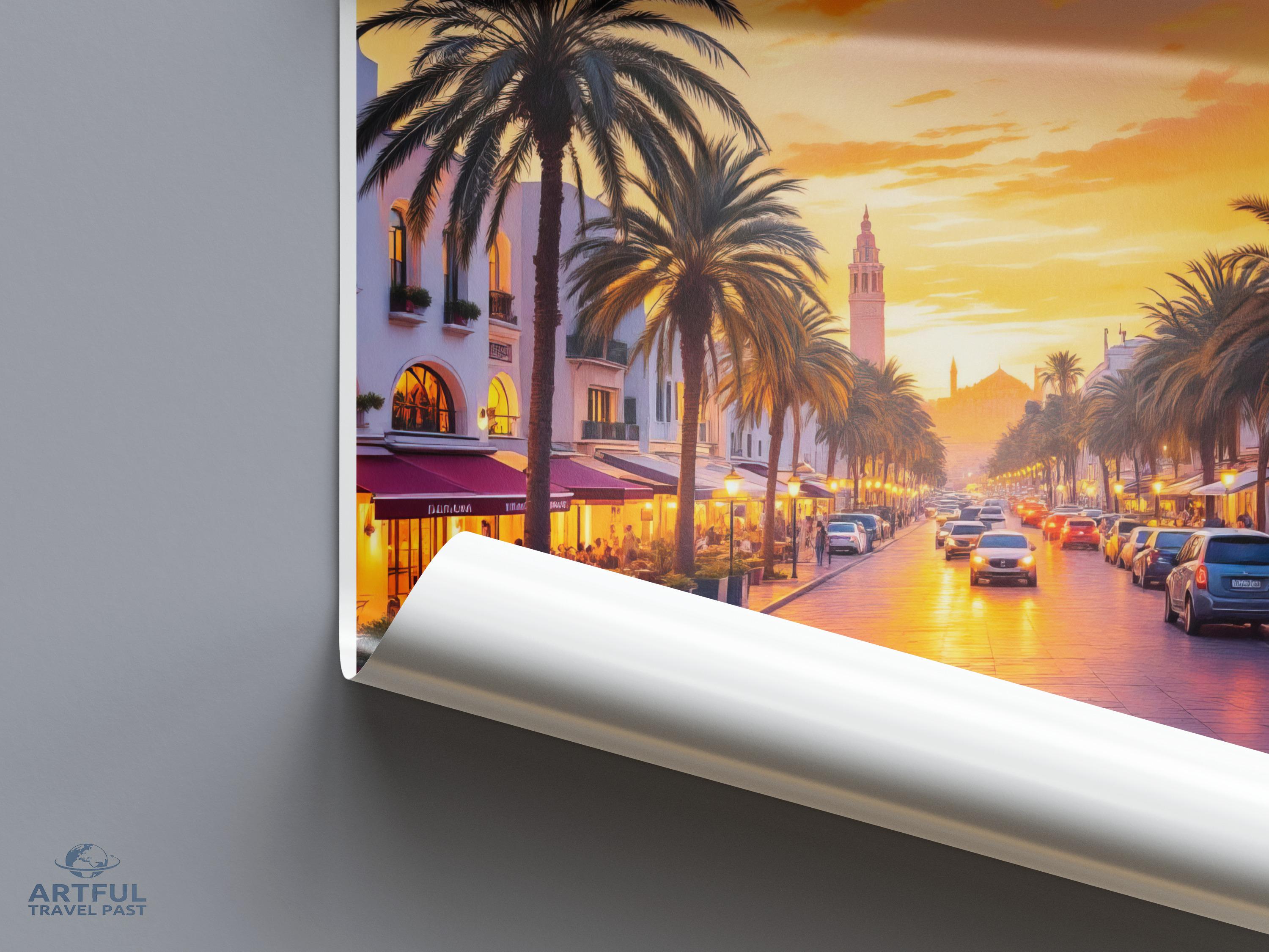 Sunset Cityscape Poster Wall Decor, Romantic Palm Trees Art, Evening Street Scene Print, Modern Urban Landscape Artwork