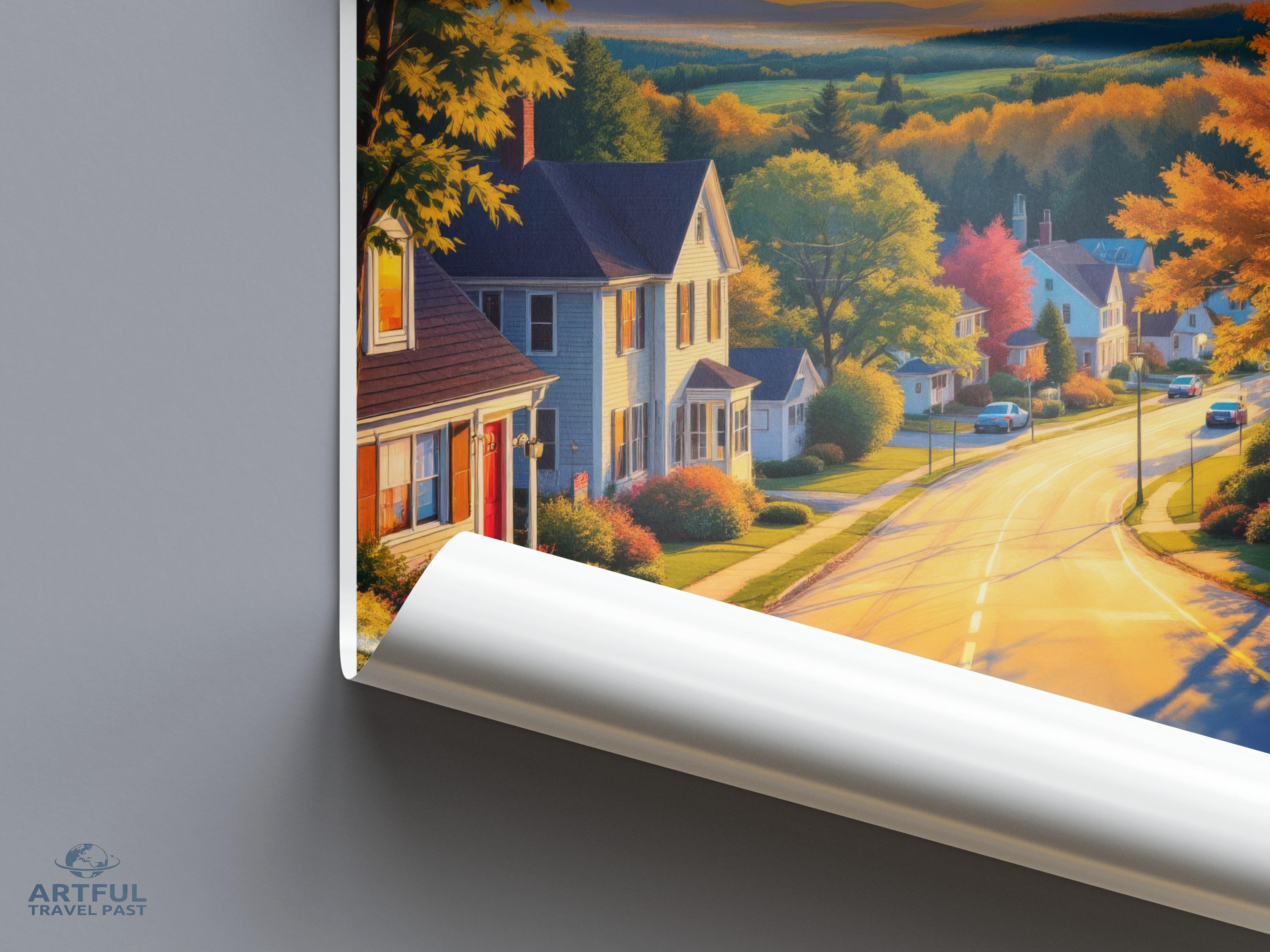 Fall Street Art Poster, Autumn Landscape Wall Art, Colorful Seasonal Decor, Scenic Town Print, Beautiful Nature Photography