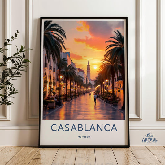 Casablanca Wall Art, Morocco Cityscape Print, Evening Street View, Modern Travel Poster, Decorative City Art for Home Decor