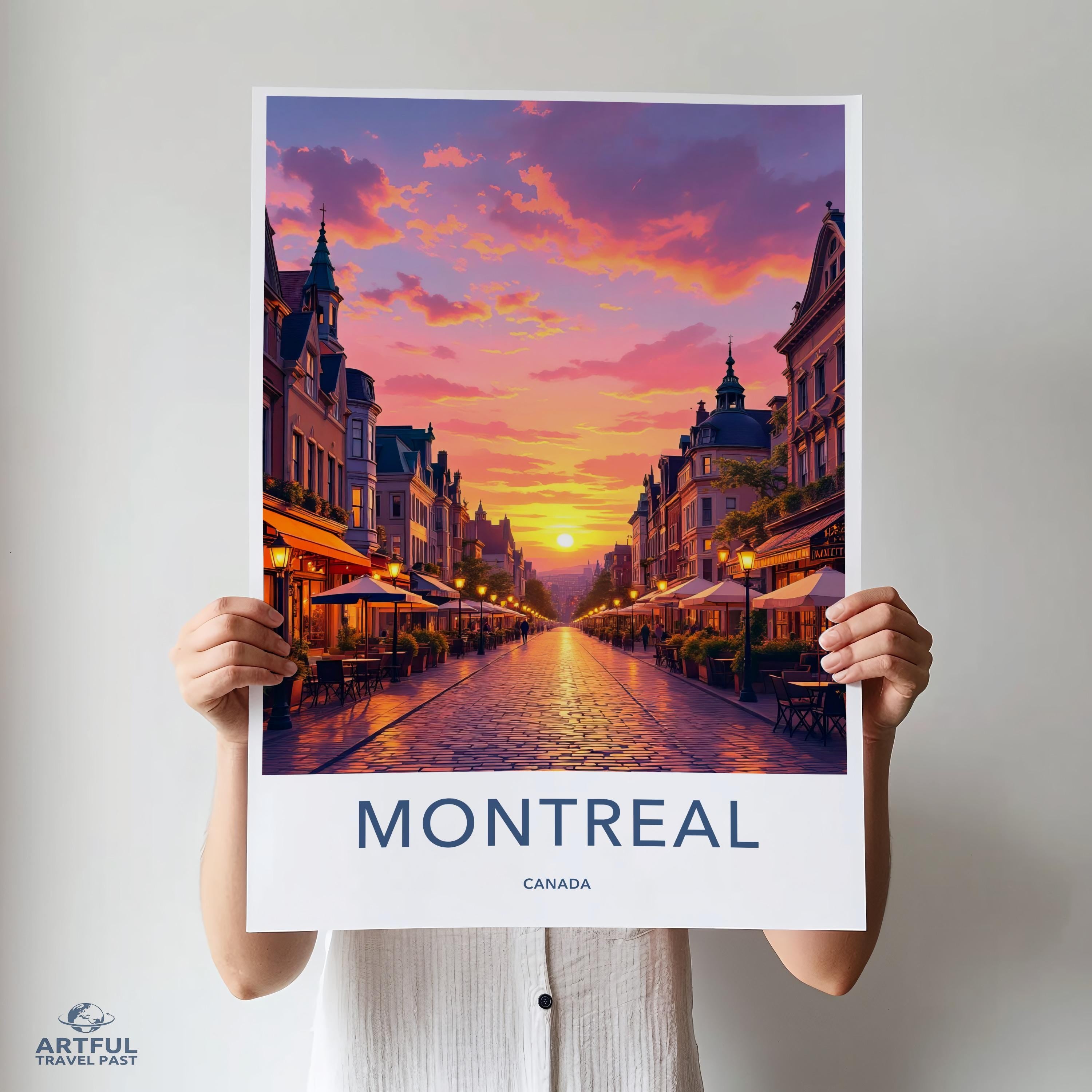 Montreal Canada Travel Poster, Cityscape Wall Art, Sunset Street Scene Print, Colorful Urban Decor, Vibrant City Artwork