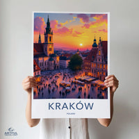 Krakow Cityscape Poster, Sunset Print of Krakow, Poland Wall Art, European Travel Decor, Vibrant Krakow City Wall Art