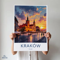 Krakow Poland Travel Poster, Sunset Cityscape Wall Art, European Architecture Print, Vibrant City Decor, Travel Gift Idea