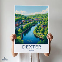 Dexter Michigan Art Print, Skyline Illustration Wall Decor, Scenic River Landscape Poster, Vibrant Colorful Artwork