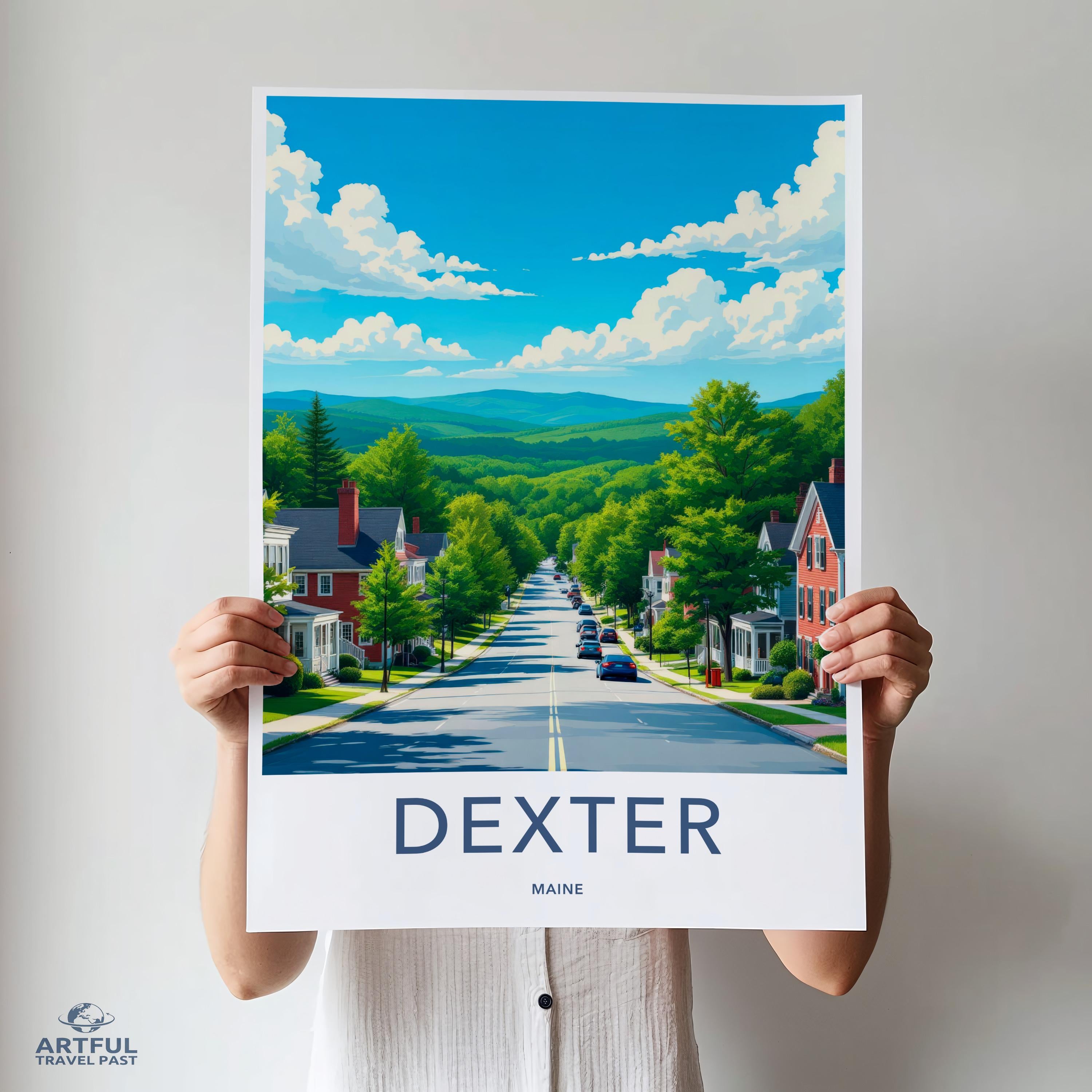 Vibrant landscape wall art of Dexter Maine, Colorful cityscape poster, Modern travel print of Maine town, Nature decor for home