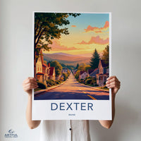 Dexter Maine print, wall art, Dexter village at sunset, scenic home decor, colorful landscape poster, picturesque street view