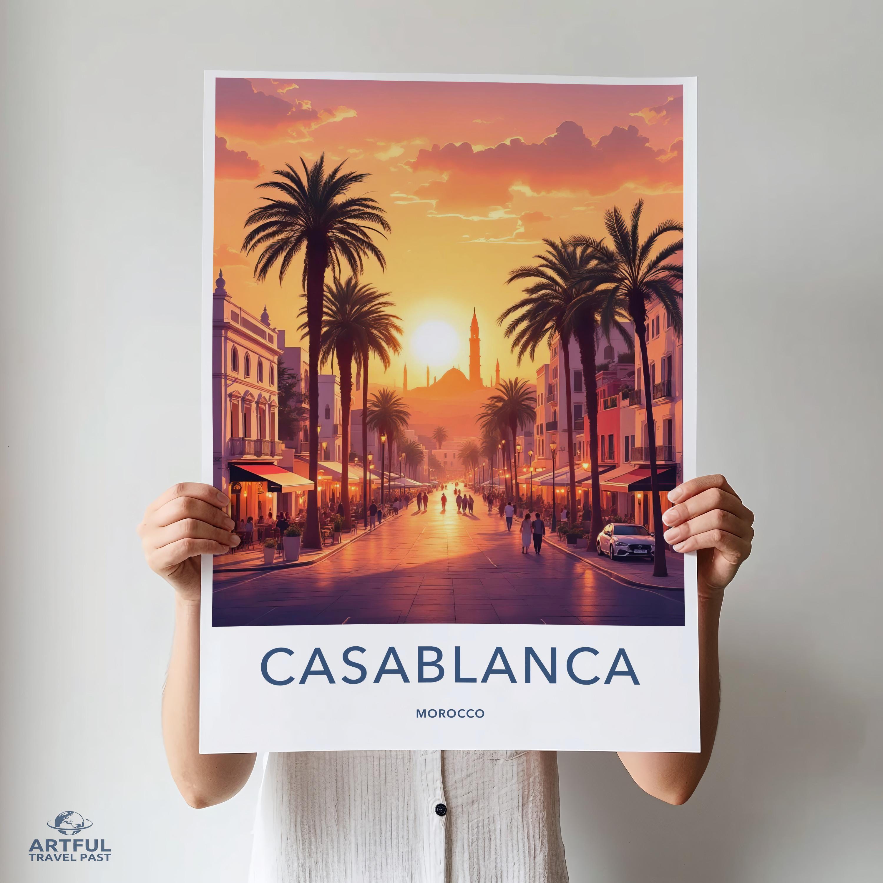 Casablanca Morocco Travel Poster, Sunset Cityscape Wall Art, Sunset Street Scene Print, Home Decor, Wall Poster, Gift Idea