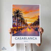 Casablanca Travel Poster, Morocco Cityscape Art, Sunset Street View, Wall Decor, Wanderlust Gift, Home Decor Print