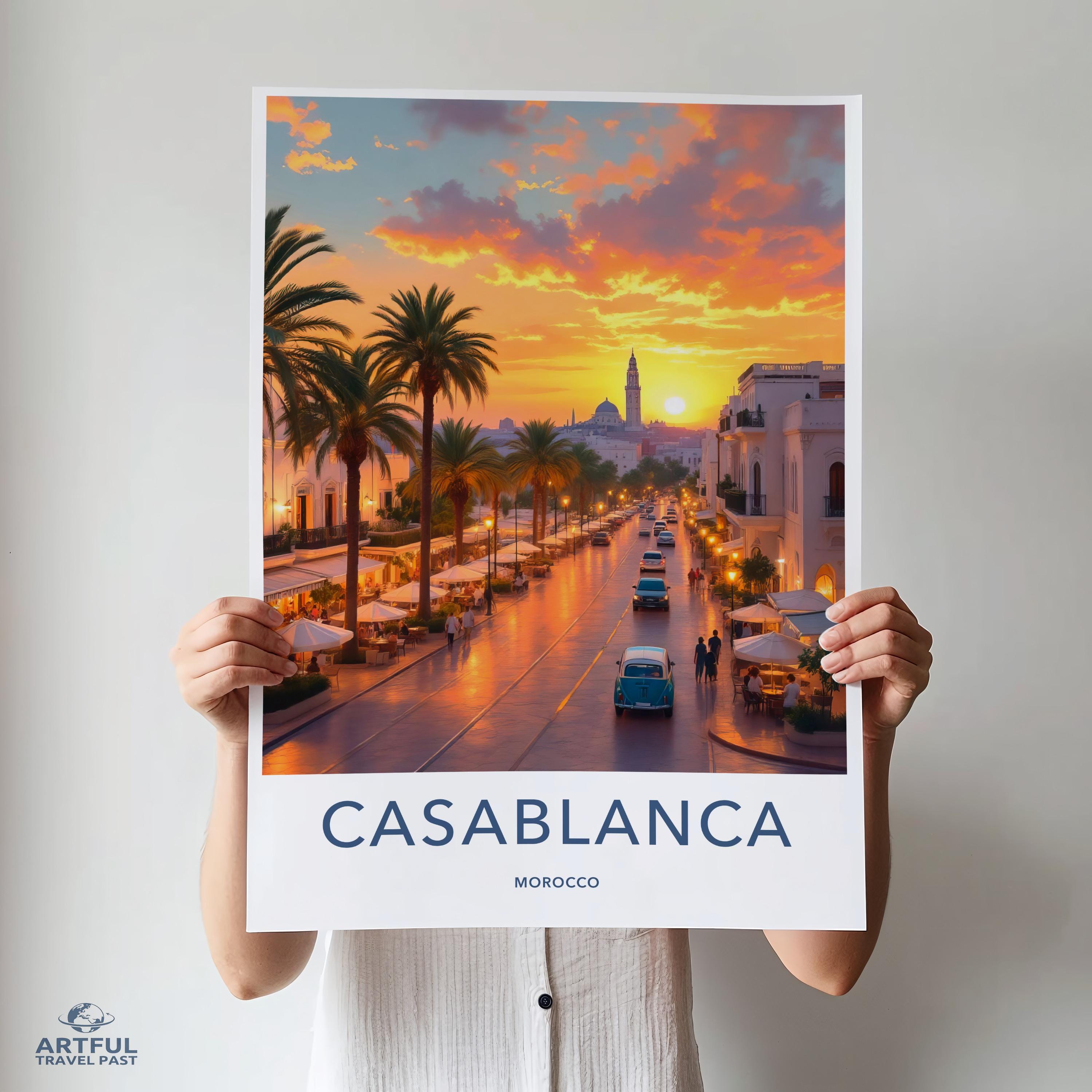 Casablanca Morocco Travel Poster, Sunset Cityscape Wall Art, Vintage Style Print, Home Decor, City Print, Urban Landscape Art