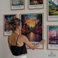 Vintage cityscape travel posters, Retro style wall art prints, Set of 6 framed artwork, Home decor for living room, Unique gift ideas
