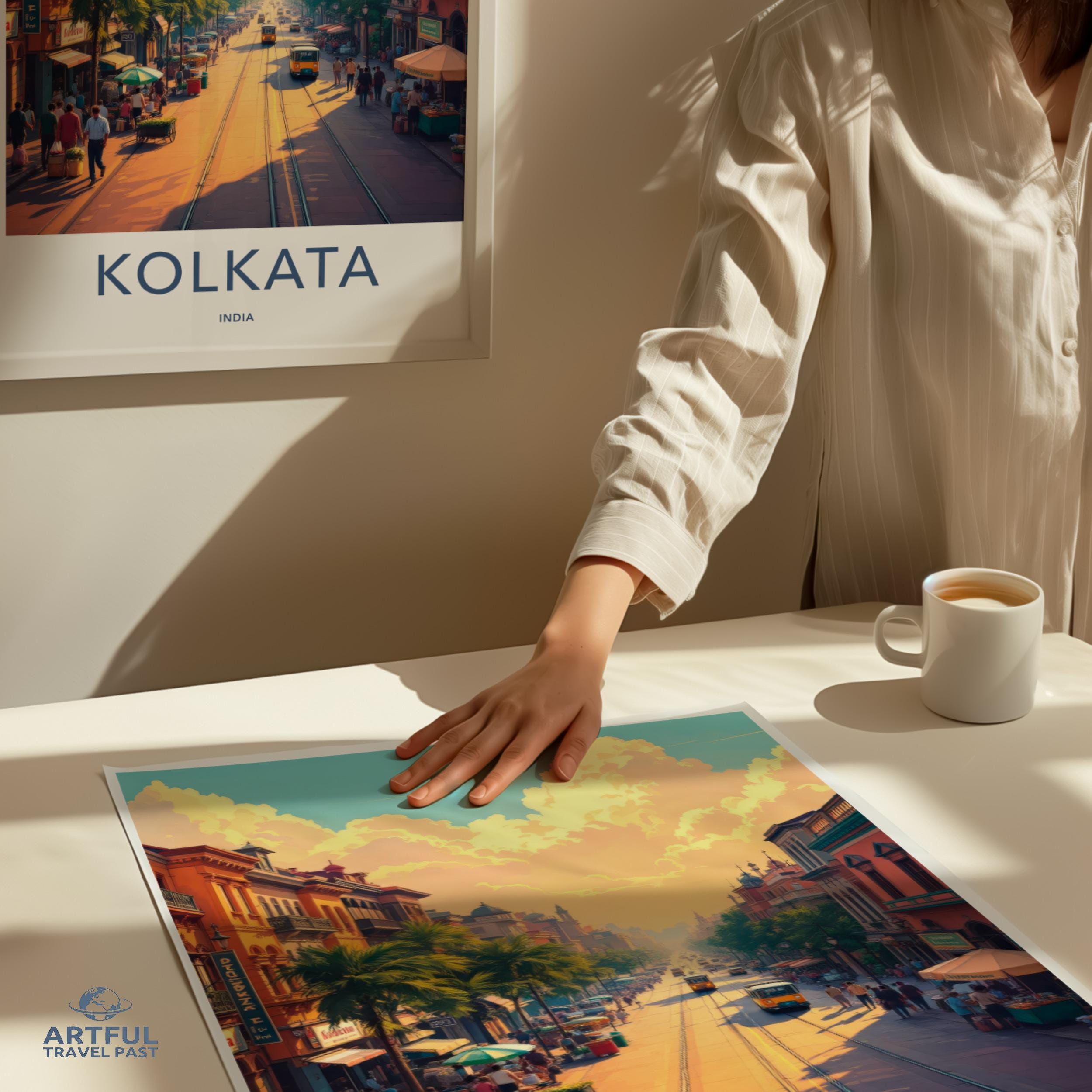 Kolkata travel poster, India cityscape art print, vibrant wall decor, urban street scene artwork, colorful city wall art, home decor