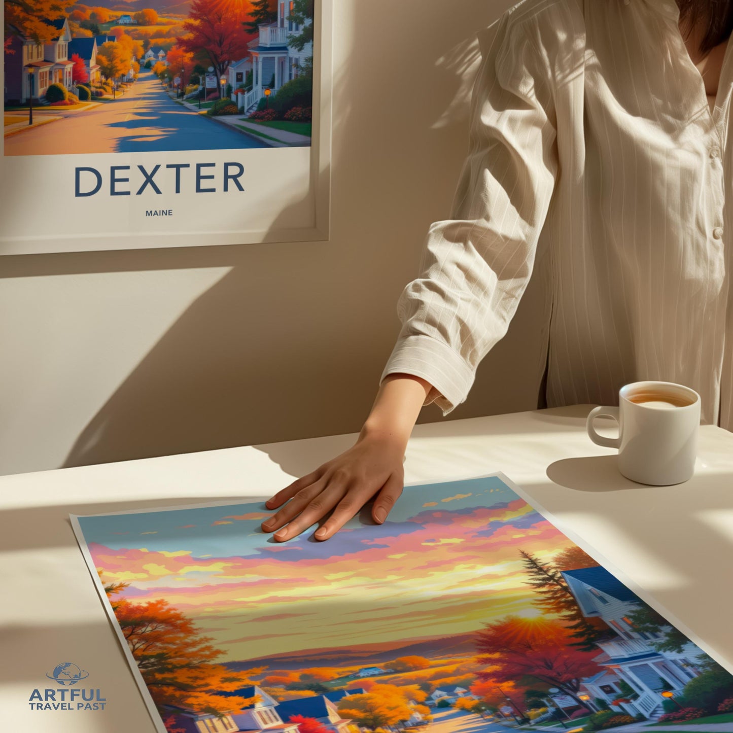 Dexter Maine Poster, Travel Art Print, Sunset Landscape, Vintage Wall Art, Home Decor, Colorful Town Illustration, Fall Vacation