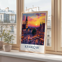 Krakow Poland Travel Poster, Cityscape Wall Art, Sunset City View, Polish Architecture Print, Home Decor, Europe Travel Gift
