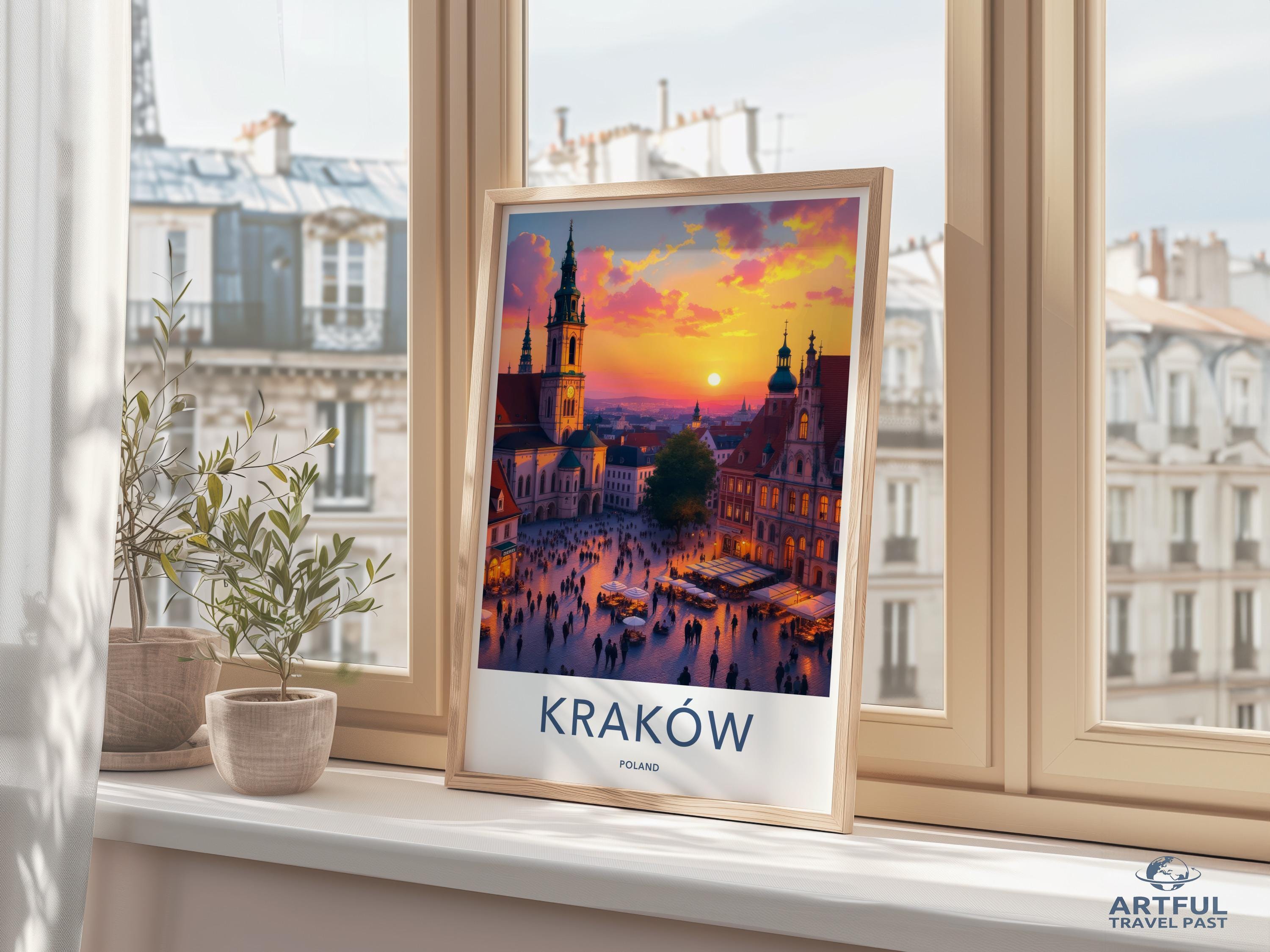 Krakow Poland Travel Poster, Cityscape Wall Art, Sunset City View, Polish Architecture Print, Home Decor, Europe Travel Gift